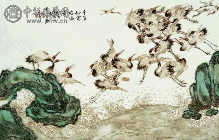 民国 粉彩海水仙鹤瓷板