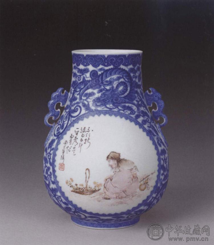 民国 王琦绘粉彩人物双龙耳瓶