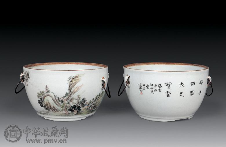 民国 浅降彩山水锅(1对)
