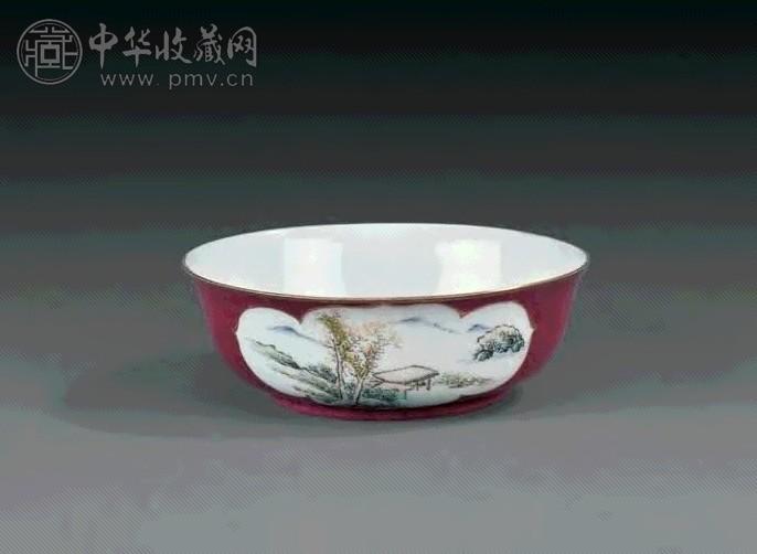 民国 胭脂红开光山水小碗