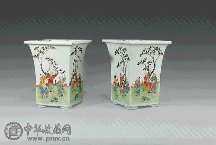 民国 粉彩婴戏方花盆(1对)