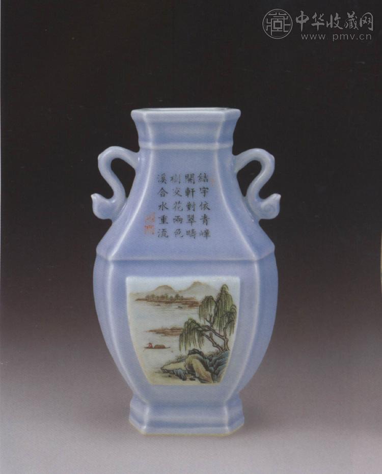 民国 天蓝釉开光山水六方瓶