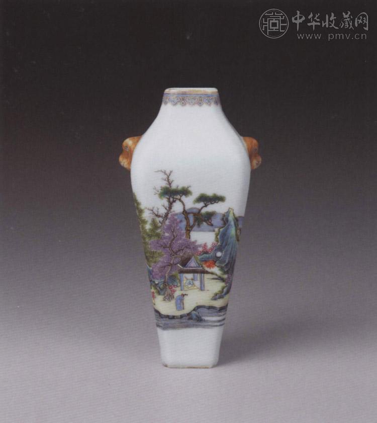 民国 粉彩山水人物纹兽耳小瓶