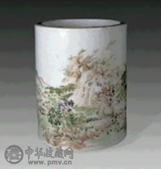 民国 粉彩山水笔筒
