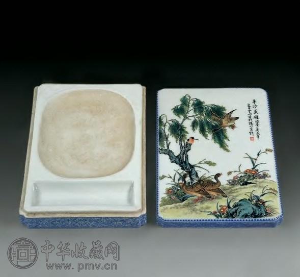 民国 粉彩蓝料釉边平沙落雁图瓷砚