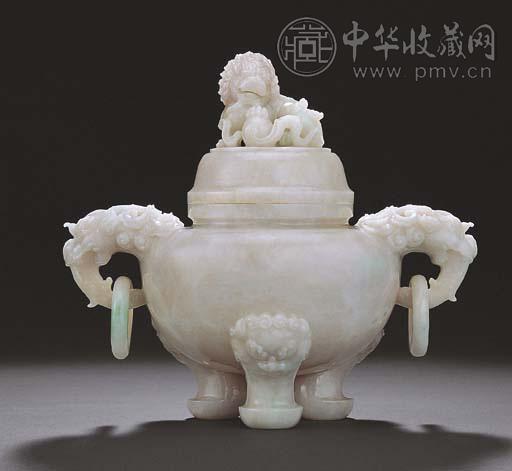 晚清 白玉活环耳狮钮盖炉