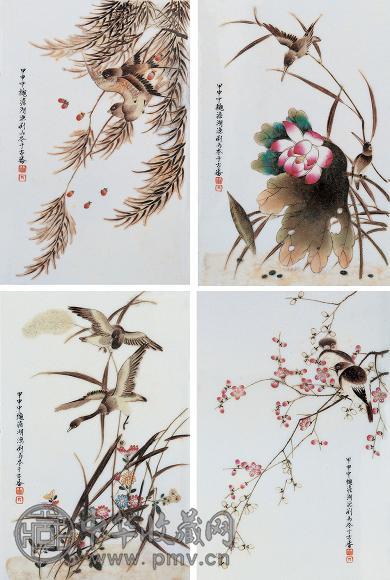 民国 刘雨岑款粉彩瓷板(4块)