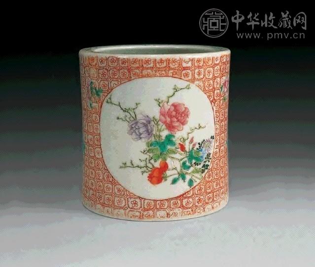 民国 粉彩开光花鸟笔筒
