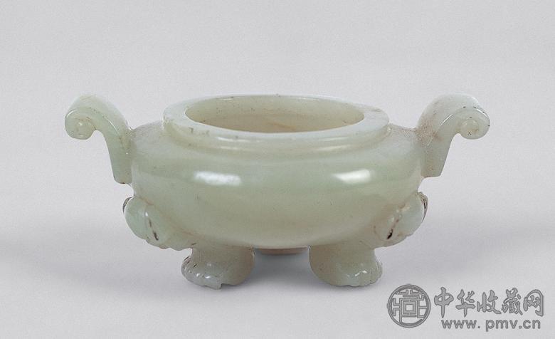 清 青白玉雕三兽足双耳炉