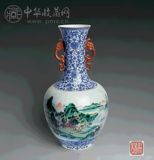 民国 珐琅彩山水双耳瓶