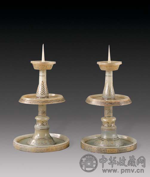 近代 青白玉金银蜡台(2件)