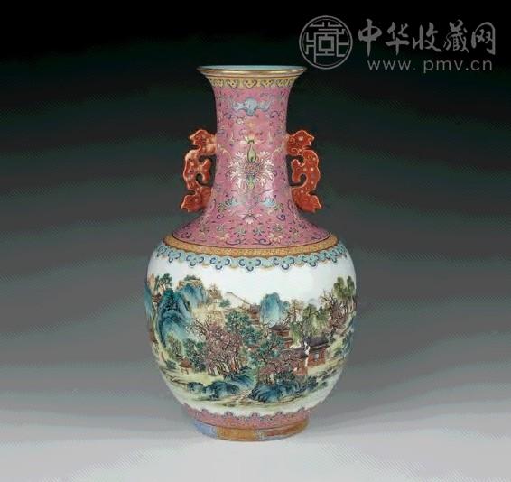 民国 粉彩山水图双耳瓶
