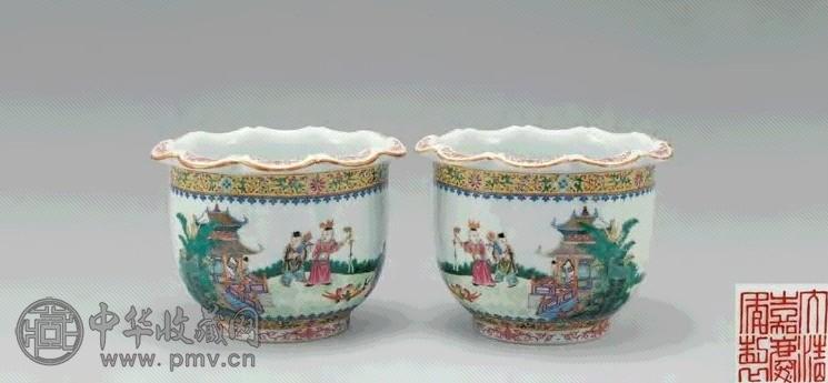 民国 粉粉婴戏图花盆(1对)