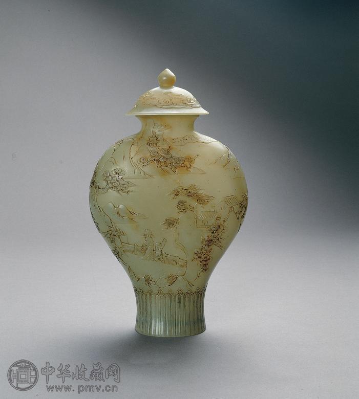 清 青玉浮雕亭榭人物纹盖扁瓶