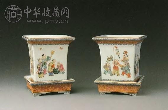 民国 粉彩婴戏图花盆(1对)