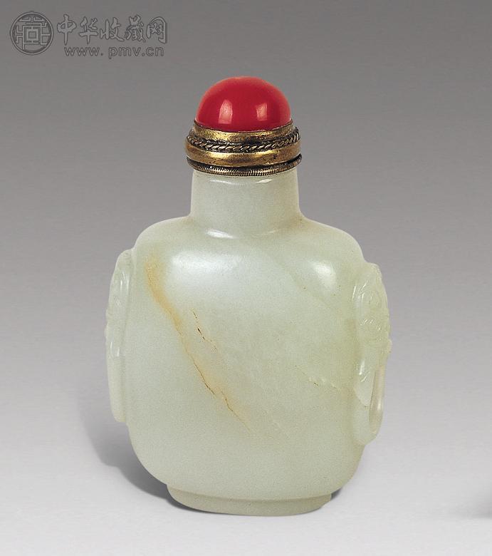 清 白玉雕双兽耳鼻烟壶