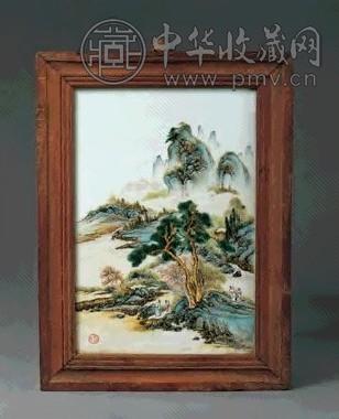 民国 汪野亭粉彩山水瓷板