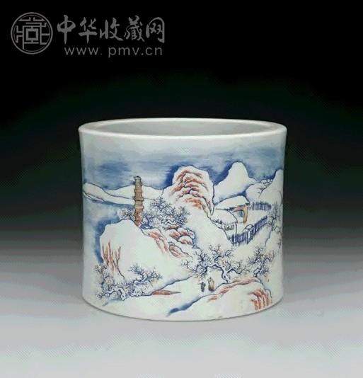 民国 青花釉里红山水笔筒