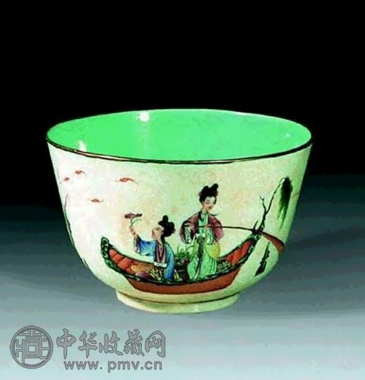 民国 粉彩轧道人物碗