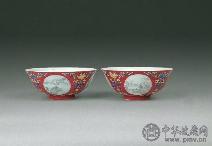 民国 胭脂红开光山水碗(1对)