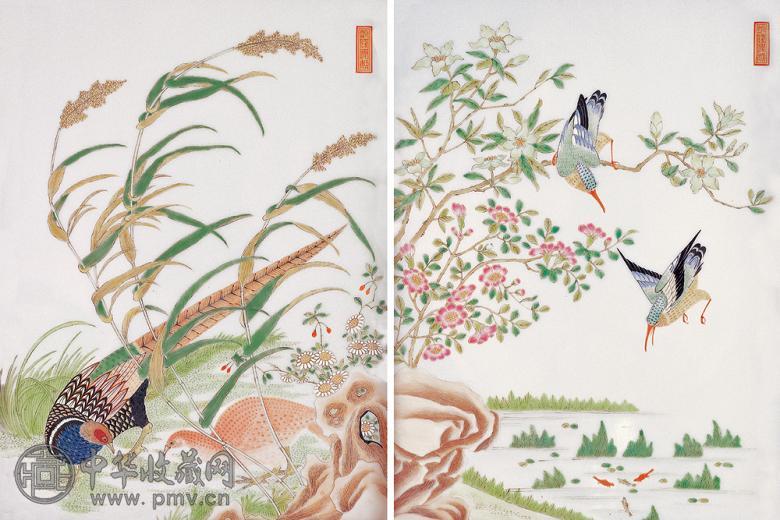 民国 粉彩绘花鸟瓷板(2幅)