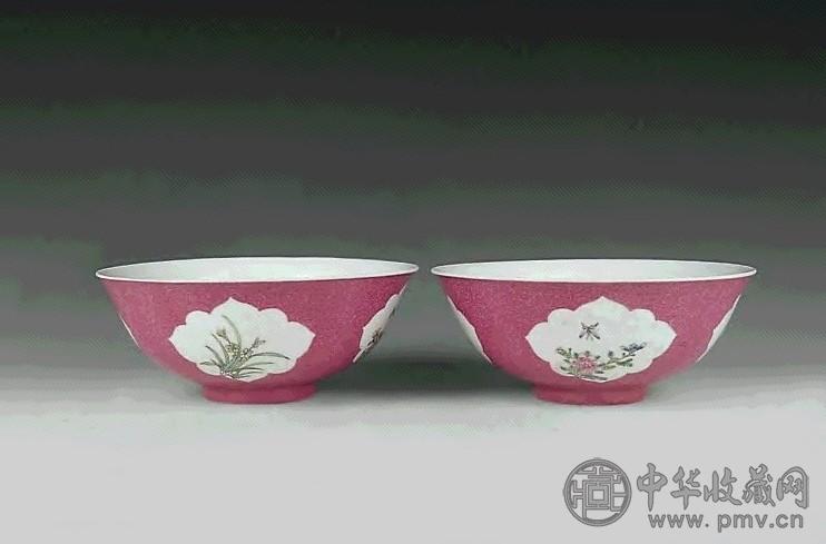 民国 胭脂红开光大碗 一对