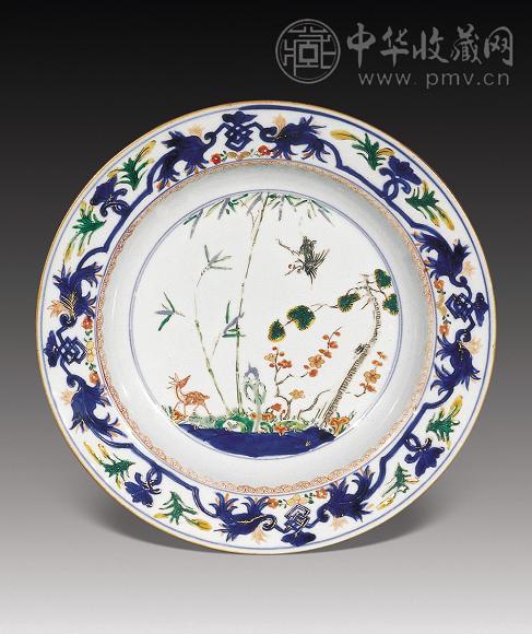 清雍正 青花加五彩鹿鹤盘