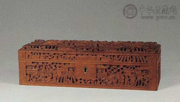 清 檀香木雕人物长方合