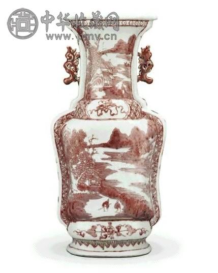 清 乾隆 釉里红开光山水纹双耳瓶