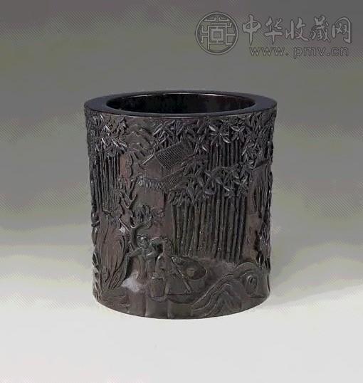 清 紫檀雕人物笔筒