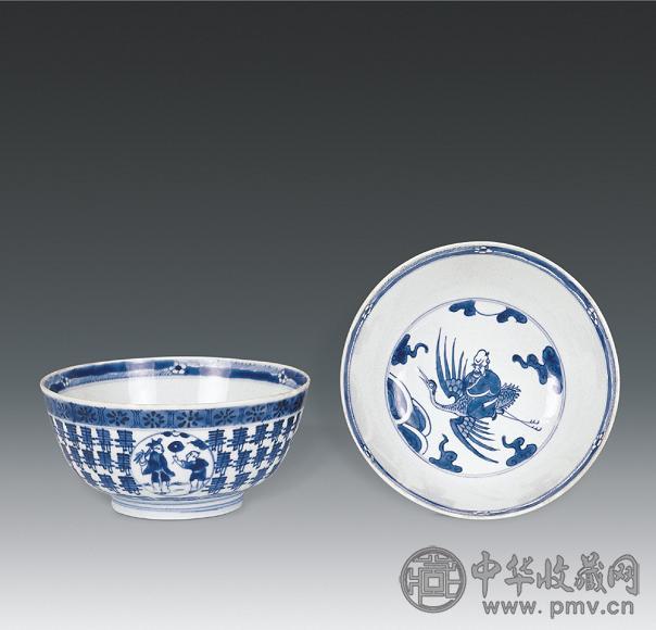 清康熙 青花开光人物百寿纹碗(1对)