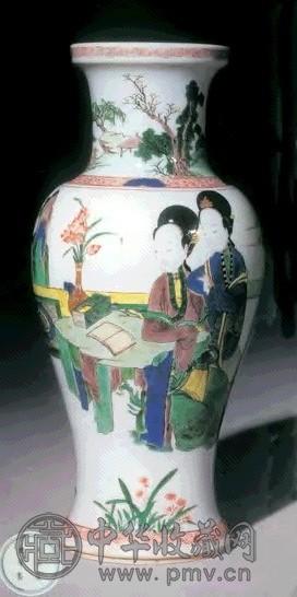 清康熙 五彩庭园仕女图观音瓶
