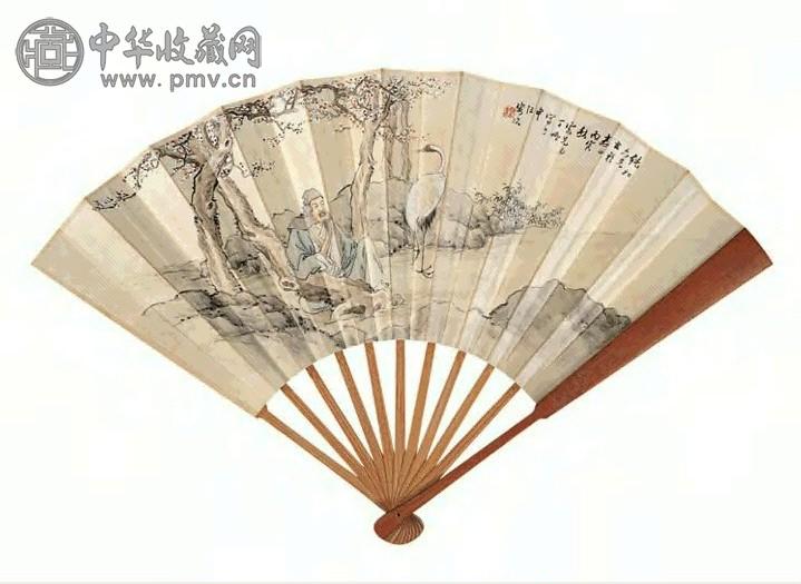 丁鹏 1926年作 梅妻鹤子图 扇面 设色笺本