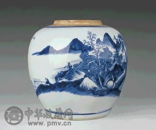 清乾隆 青花山水罐