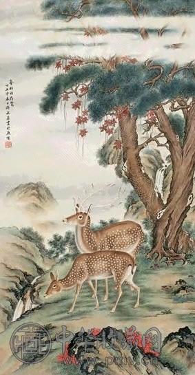 祝辰 1937年作 寿征柏鹿图 轴 设色纸本