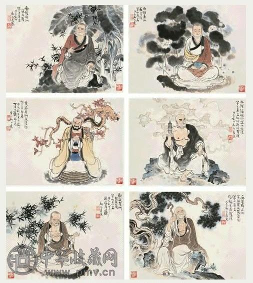 顾炳鑫 戊辰(1988)年作 十八罗汉图册 册页(18开) 设色纸本