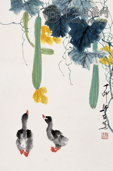 娄师白 1987年作 丝瓜小鸭 立轴 设色纸本