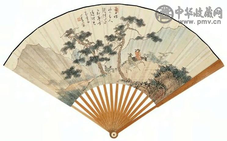 溥儒 丙戌(1946)年作 松林重山 行书诗 扇面 设色纸本