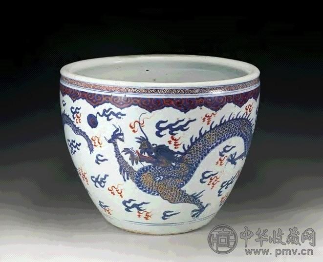 清康熙 青花描金云龙纹缸