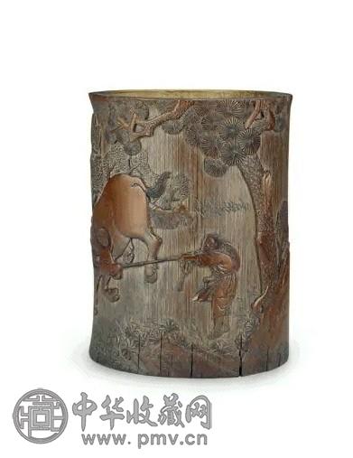 清早期 竹雕牧牛诗文笔筒
