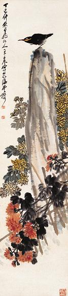 王震 丁巳(1917年)作 菊花八哥 立轴 设色纸本