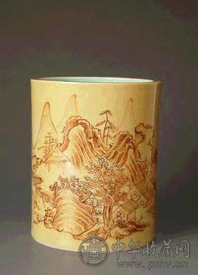 清乾隆 褐彩山水人物纹笔筒