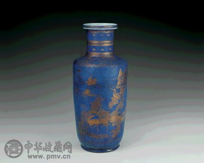 清康熙 祭蓝釉描金松鹤图棒槌瓶