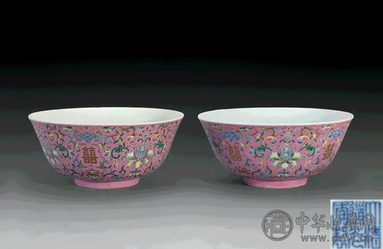 清道光 粉彩双喜莲花纹碗(1对)