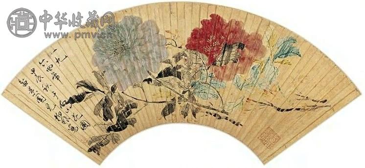 陆抑非 1964年作 富贵牡丹 扇面 设色金笺