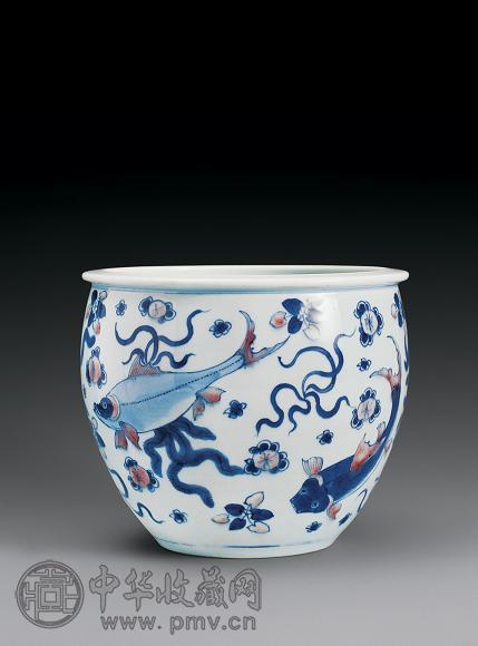 清康熙 青花釉里红鱼藻纹水钵