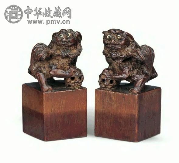 清 竹雕狮钮印章(1对)