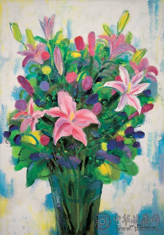 陈钧德 2002年作 瓶花 布面油画