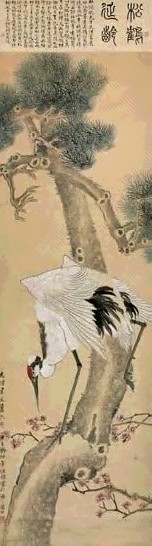 任伯年 1875年作 松鹤延龄 立轴 设色洒金笺