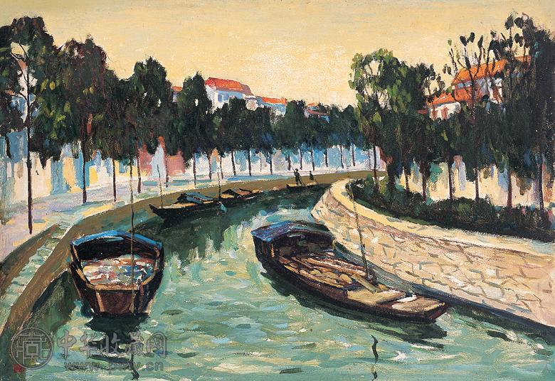 余本 1961年作 新会城景(二) 木板 油画